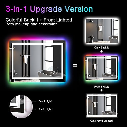 LED Mirror for Bathroom, 40"X36" with 8 RGB Backlit +3 Front Lit (Adjustable Individually), Anti-Fog, Lighted Bathroom Vanity Mirror for Wall, Shatterproof, Memory Function, Tempered Glass
