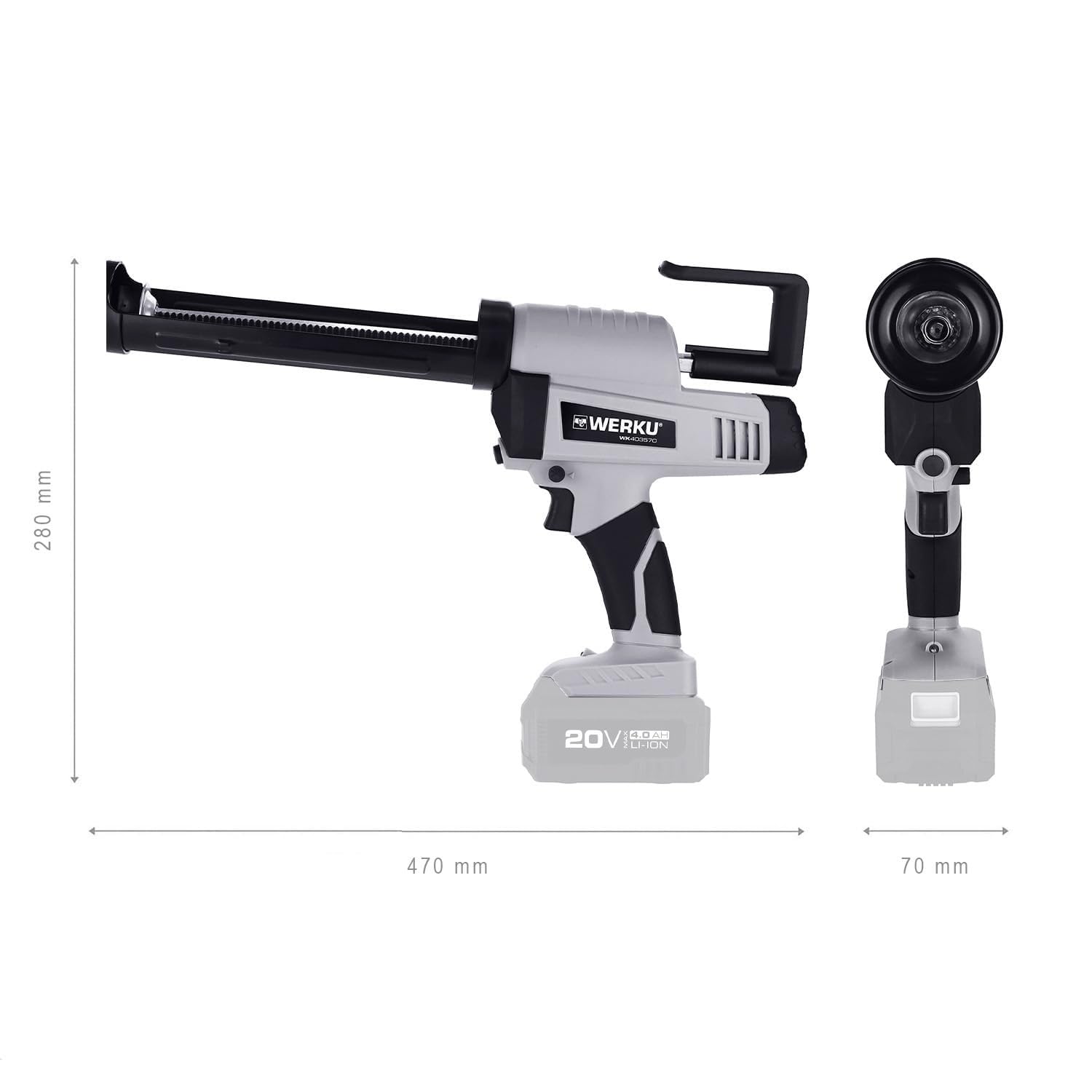 Werku WK403570, Pistola Cartuchos Inalámbrica, Calidad Profesional, Potencia 20 V, Fuerza presión 2000 N, Cartuchos Universales de 300 ml, No Incluye Batería y Cargador