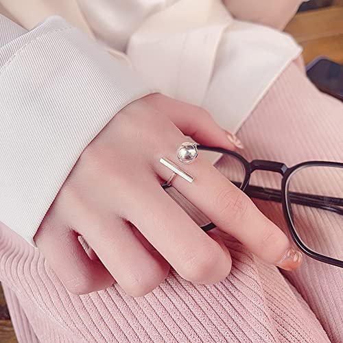 OIDIMS 925 Sterling Silver Ball T-Shaped Statement Ring for Women Men Fashion Minimalist Adjustable Open Rings Stacking Middle Tail Finger Simple Unique Jewelry for Birthday Christmas Gifts Bff2
