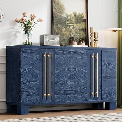 Amposei Modern Sideboard Cabinet 60-Inch Wood Console Storage Cabinet Credenza Dining Buffet Table with 4 Doors and Adjustable Shelves for Living Room Entryway, Navy Blue Cover