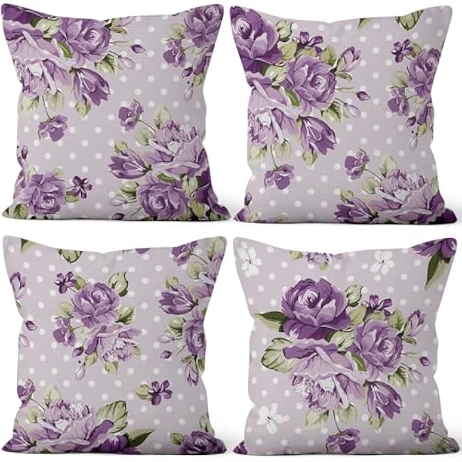 4 Pcs/Set Rose Flowers Pillow Covers Summer Floral Green Leaves Pink Flowering Shrub Natural Scenery Watercolor Romantic Linen Cushion Case for Outdoor Couch Sofa Bedroom, 16x16