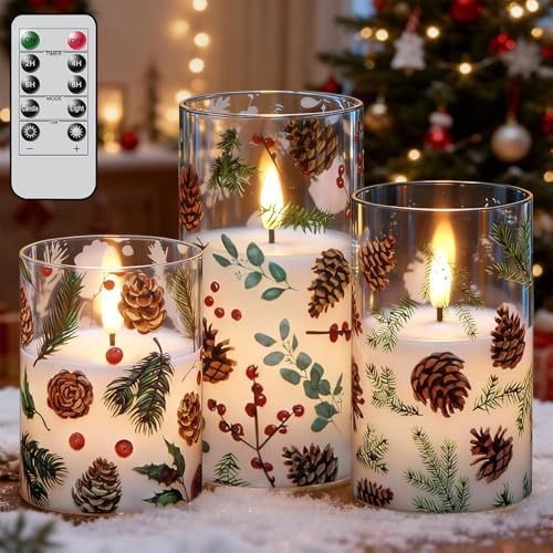 Image of GenSwin Christmas Flameless Candles Battery Operated with Pinecone Decals, 3 Pcs Glass Flameless Candles with Remote Timer and 3D Flickering Flame for Christmas Holiday Decor(Set of 3, D3 inch x 4 inch5 inch6 inch)