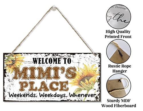 Vintage Style Sign, Welcome To Mimi's Place Weekends, Weekdays, Whenever Decorative, Hanging Wood Sign Home Decorative, Printed Wood Wall Art Sign, Sunflower Sign Gift For Grandma 12X6 In #TOP4