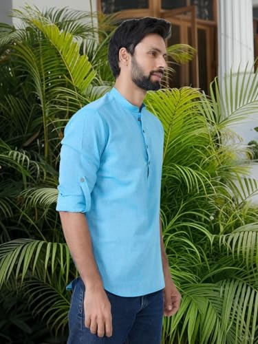 Image of See Designs Men's Roll-Up Sleeve Mandarin Collar Cotton Solid Short Kurta (Pack of 2) - Festive Collection