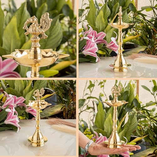 Image of Indian Art Villa Pure Brass Shine Finish Stand /Pillar Diya /Deepak /Lamp /Lantern with Peacock Design, Pooja, Home Decor & Diwali Gift Item, Height-16 Inches