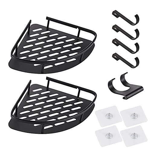 Estante de esquina adhesivo, organizador de ducha de baño, sin perforación, 2 estantes de esquina de baño, organizador de almacenamiento de aluminio para baño, inodoro, cocina y dormitorio (negro) Cover