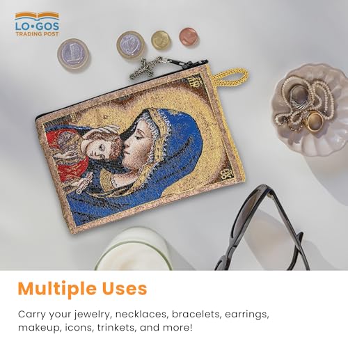 Image of Catholic Rosary Pouch, 4 inch x 6 inch Jewelry & Coin Purse with Cross, Small Woven Tapestry Icon Bag, Bolsa de Rosario Catolico para Joyeria, Madonna and Child & IC XC Cross - Red, 4 inch x 6 inch