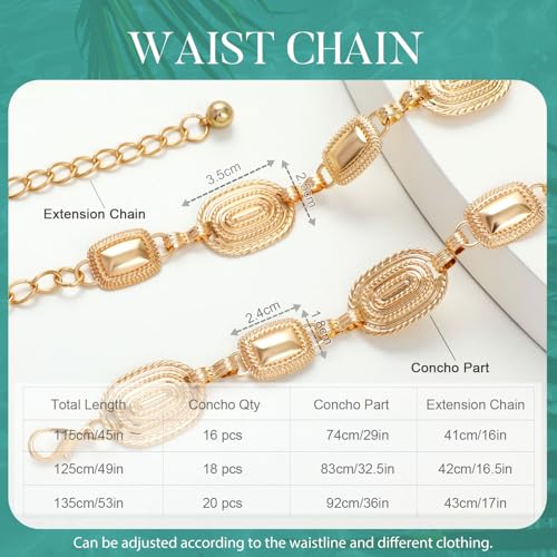 Image of FIORETTO Western Waist Chain Belt Metal Concho Belt for Women Cowgirl Cowboy Boho Country Belt for Dress Jean