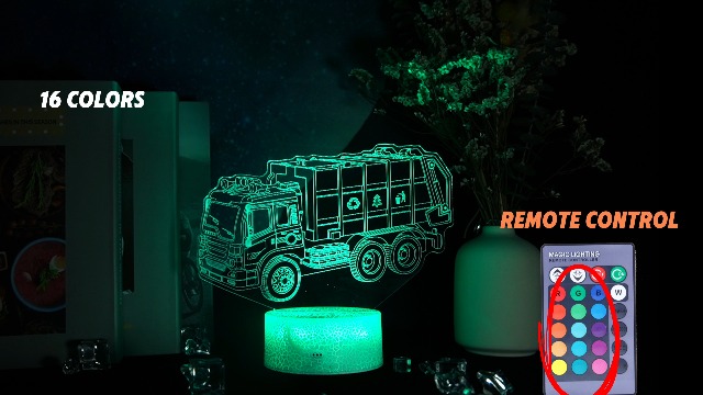 Image of Garbage Truck Night Light, Garbage Truck Car Gifts, Sanitation Truck 3D Illusion Lamp with 16 Colors Changing, Timer, 4 Flash Modes and Dimmable, Kids Boys Girls Room Decoration, Holiday Xmas Gifts