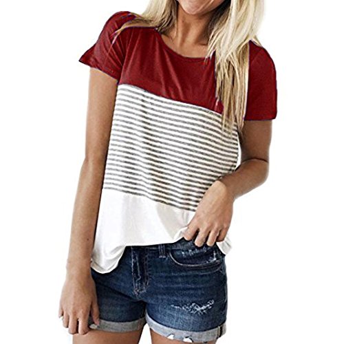Women Tops, Gillberry Short Sleeve Round Neck Block Stripe T-Shirt Casual Blouse (Wine Red, S)