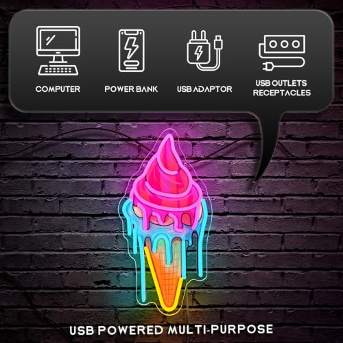 Image of Ice Cream Neon Sign for Wall Decor Dimmable Ice Cream Led Neon Sign for Ice cream Shop Birthday Party Bedroom Bar Drink Shop Wall Decoration USB Powered