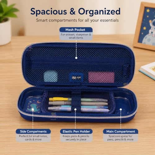 Image of WISHKEY Hard Shell EVA Pencil Box for Kids Large Capacity Pencil Case with Mesh Pocket, Elastic Pen Holders & Dual Zipper Water Resistant Stationery Organizer for Boys & Girls Space Theme