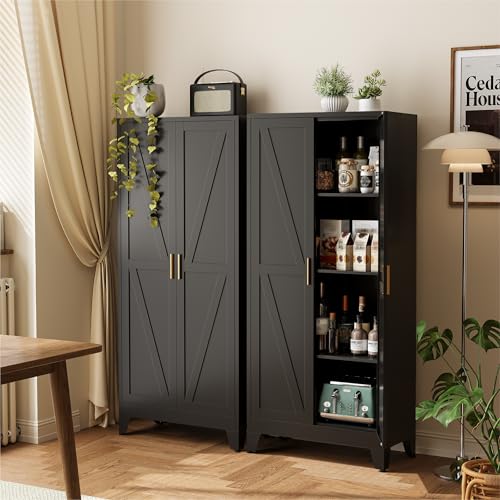 Image of COFaR 61 inch Metal Pantry Cabinet in Black, Modern Storage Cabinet with Adjustable Shelves, Sturdy Metal Cupboard for Kitchen, Office, Living Room & Bathroom Organization