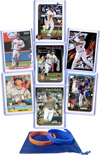 New York Mets Baseball Cards: Pete Alonso, Francisco Lindor, Francisco Alvarez, Brandon Nimmo, Jeff McNeil, Kodai Senga, Juan Soto ASSORTED Baseball Stars and GOATs Trading Card and Wristbands Gift Pack