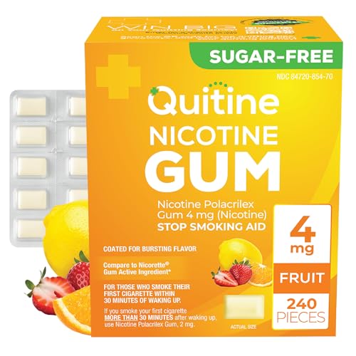 Quitine Nicotine Gum 4mg, Fruit Flavor, Stop Smoking Aid – Relieve Nicotine Cravings with Effective, Affordable NRT | Long-Lasting Flavor, 240 Count, Traditional Gum to Support Your Quit Journey