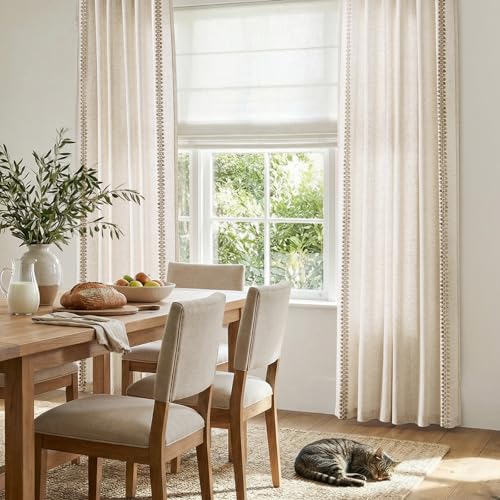 Image of jinchan Beige Linen Curtains with Woven Trim Back Tab 50 x 84 Inch 2 Panels