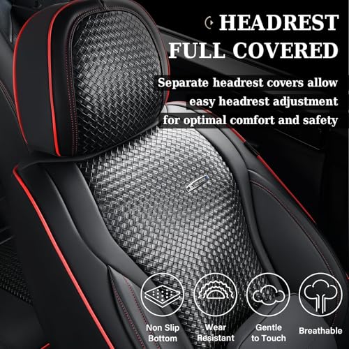Image of Coverado Car Seat Covers Full Set, Black Redline Seat Covers for Cars, Waterproof Nappa Leather Automotive Seat Covers with Lumbar Head Pillow, Car Seat Protectors, Universal Fit for Most Cars SUV