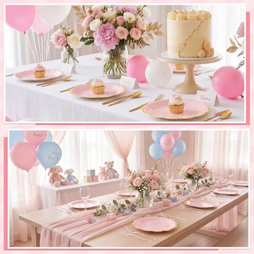 Image of NatNarr 30 Pcs Pink Plates with Gold Trim 7 Inch Pink and Gold Party Plates Scalloped Cake Dessert Plate Disposable for Baby Shower, Wedding, Birthday, Bridal shower