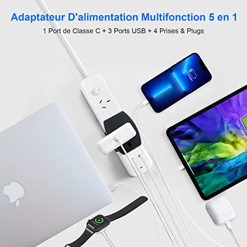 adaptateur de voyage, adaptateur prise universel 1300w avec 1 type c et 3 usb 2.4a, adaptateur universel de voyage france vers usa chine japon uk, chargeur de voyage vers france