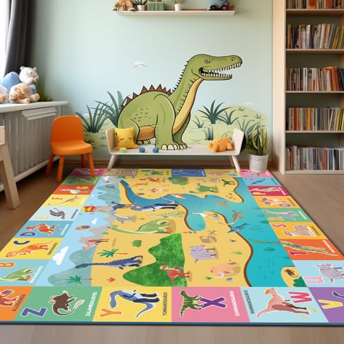 Vmterliya Dinosaur World ABC Kids Rug, TPR Nonslip Educational Area Rugs with Animals and Words Toddler Baby Child Playmat Carpet Rug for Classroom Playroom Bedroom