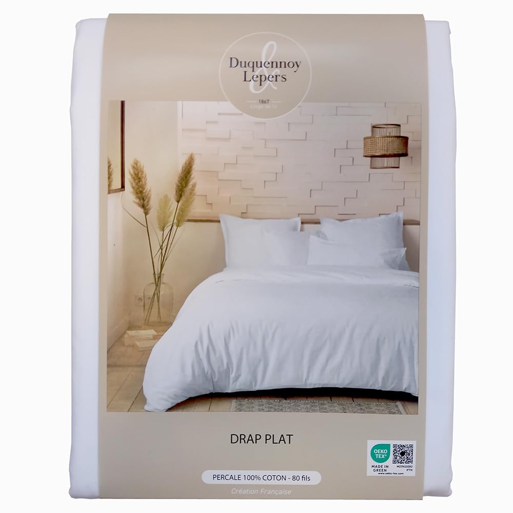 Duquennoy & Lepers - Drap Plat 270x300 CM - Percale 80 Fils 100% Coton - Qualité Hôtel - Doux, Respirant & Résistant - Oeko-TEX® Made in Green - Blanc