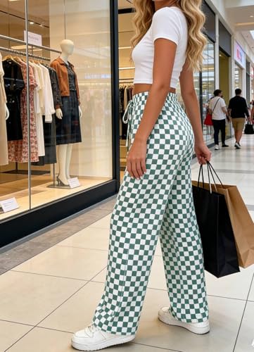 Image of Women's Casual Checkered Pants Drawstring Elastic Waist Comfy Loose Straight Wide Leg Plaid Pants with Pockets
