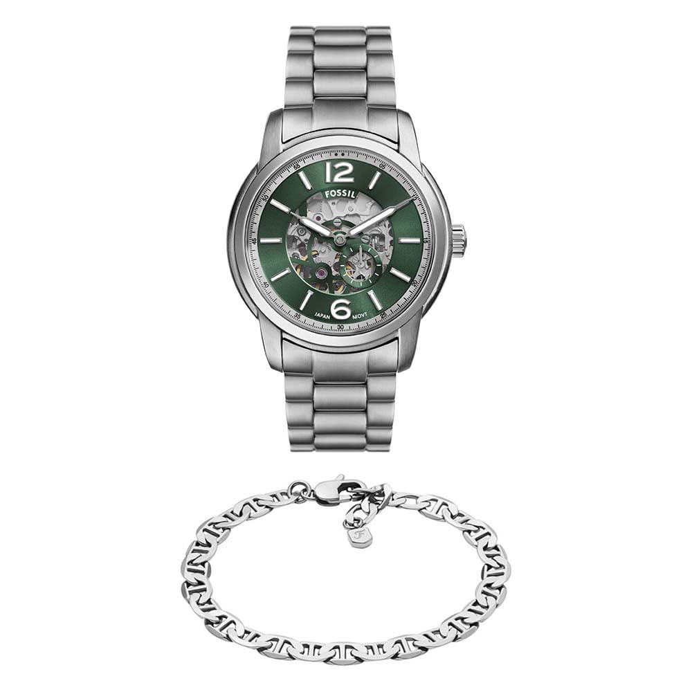 Fossil Herren Heritage Silber-Ton Edelstahl-Uhr und Armband, Set