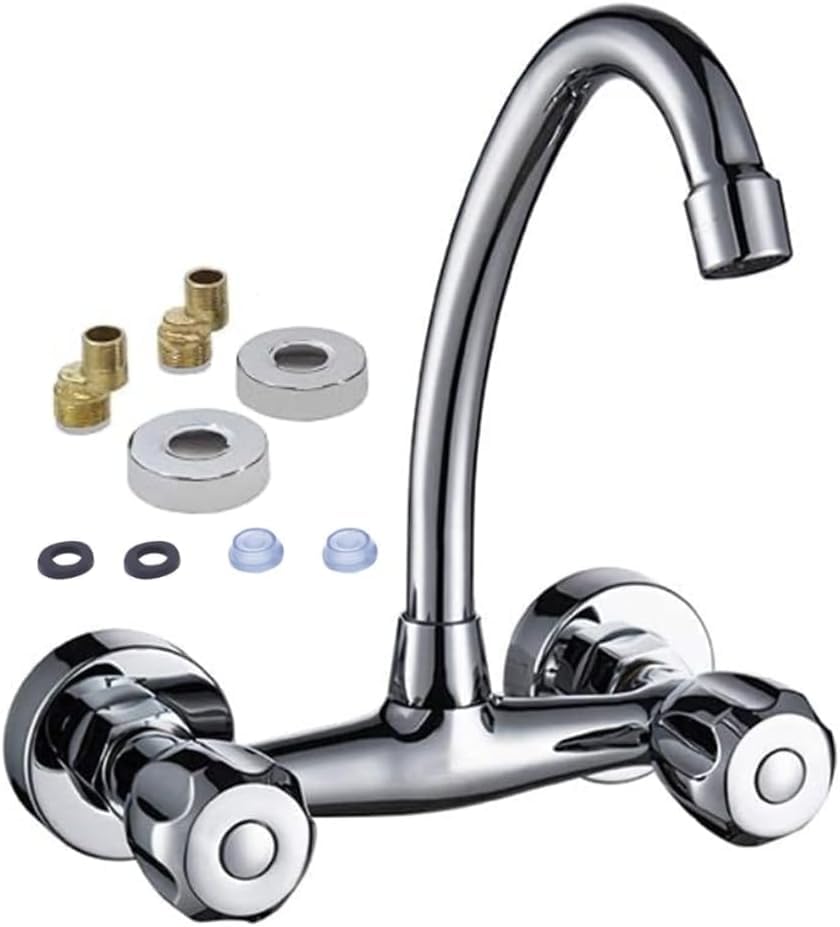 Rubinetto per lavello da cucina con doppia maniglia per montaggio a parete con distanza centrale regolabile, ottone Cromato Miscelatore Acqua Calda e Fredda con Manopole