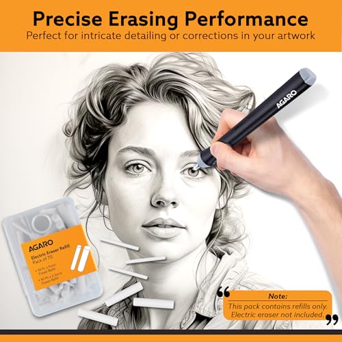 Image of AGARO Electric Eraser Refill Pack of 70, 2.3mm & 5mm Eraser, Sketching, Drawing, Portrait Shading