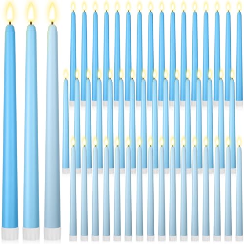 Image of Handepo 48 Pack Flameless Taper Candles Realistic with Flickering Candlelights Plastic 11 Inch Last Long Battery Operated Window Candlestick for Halloween Christmas(Bright Blue)