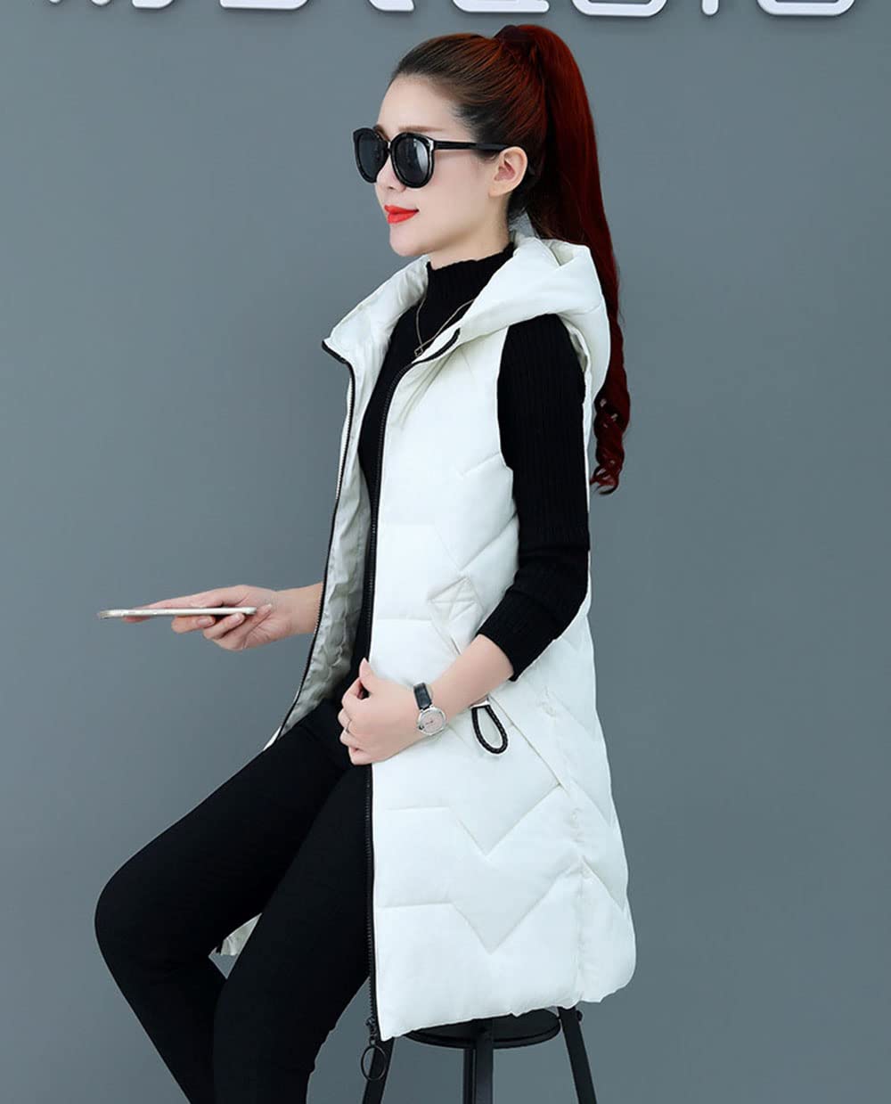 Gilet in Piumino Donna Gilet Trapuntato Autunno Invernali Smanicato Piumino Canottiera Mode Leggermente Imbottito Giacca con Cappuccio Gilet con Tasche Casual con Cerniera Outerwear,Bianca,XXL