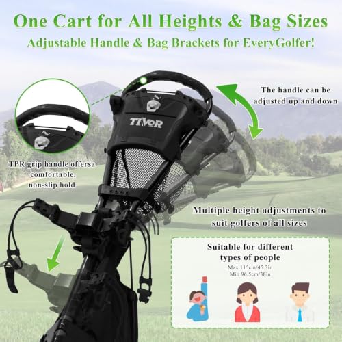 Image of Tivor 3 Wheel Golf Push Cart, Lightweight Push Cart Golf One-Click Folding, Adjustable Height Pushcart for Golf Bags, Compact Design for Ladies, Junior Golfers