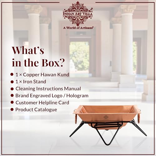 Image of Indian Art Villa Pure Copper Hawan Kund with Stand & Side Handles, Traditional Yagya, Hawan & Poojan Kund for Home Mandir, Festivals & Religious Ceremonies, 2 x 6.3 Inches