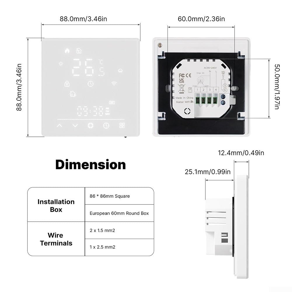 Smart WIFI Thermostat für Tuya MATTER Elektrische und Wasser-Fußbodenheizung, Touch-Schnittstelle mit Wetterstation und Ferntemperaturmanagement (GA)