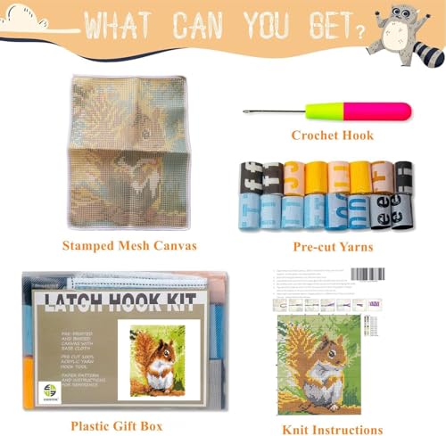 Image of EMISTEM DIY Latch Hook Rug Kits, Gift Packaging Crochet Tapestry Yarn Kits, Pre-Printed Canvas, Needlework Unfinished Crocheting Mat Yarn Embroidery Carpet Set, (Cute Squirrel,20x15)