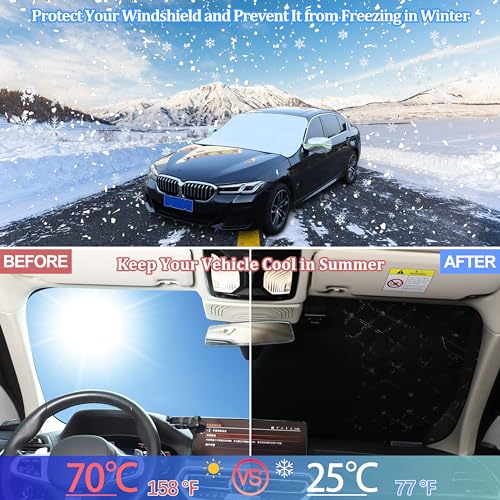 Image of Windshield Snow Cover Compatible with BMW 5 Series 2009-2024, Car Snow Cover, Front Windshield Sunshade, Exterior Windscreen Sun Shade, UV-Rays Sun Ice Snow Frost Protector, 4-Layer Windshield Cover