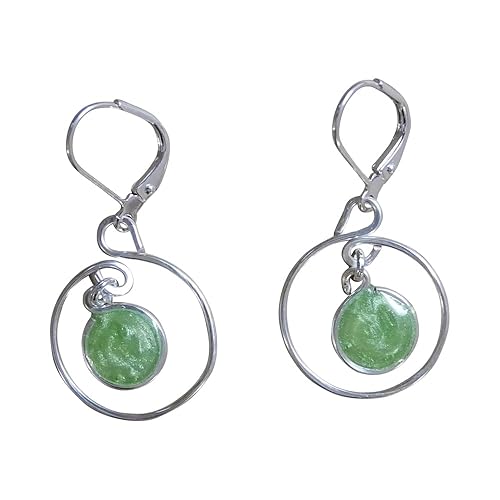 Handmade Lightweight Silvertone Circles With Lime Green Resin Drop Leverback Earrings