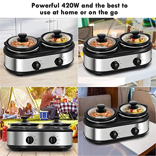 Double Slow Cooker, Buffet Servers and Warmers, Dual 2 Pot Slow Cooker Food Warmer, Adjustable Temp Dishwasher Safe Removable Ceramic Pot Glass Lid, 2 x 1.25 QT Portable Small Crock Cooker