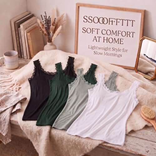 Image of Lasnten 4 Pcs Women's Lace Cami | Ribbed Cami Top Lacework Undershirt Patchwork Tank Lace Trim Cami Lightweight Long Under Tank Tops for Women
