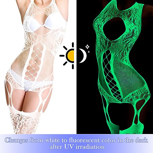 Hercicy 3 Pcs Glow in the Dark Fishnet Stockings Luminous Bodysuit Leggings Glowing Fishnet Socks for Women Glowing Party(Stylish Style)3