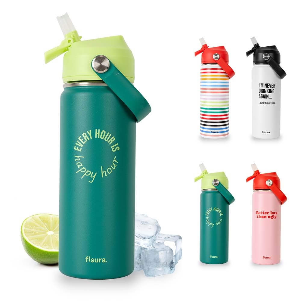 Fisura – Original Water Bottle with Design. 500 ml Thermal Bottle. BPA-Free Stainless Steel Thermos. Thermos with Straw for Sports, Travel, Outdoors, Office (Hour, Green)