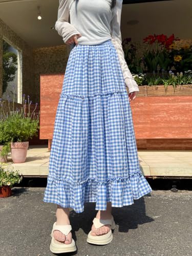 chouyatou Women's Vintage Plaid Ruffle Skirt High Elastic Waist A Line Swing Pleated Long Skirt2