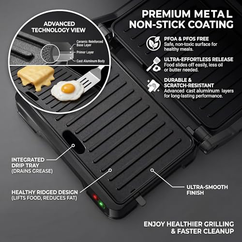 Image of KEINVE Panini Press Grill & Sandwich Maker - 2-Slice, 180 Adjustable Hinge, 900Watt Electric Grill Non-Stick Cast Aluminum Plates for Panini, Steak, Bread & More, Easy to Clean, Perfect for Kitchen