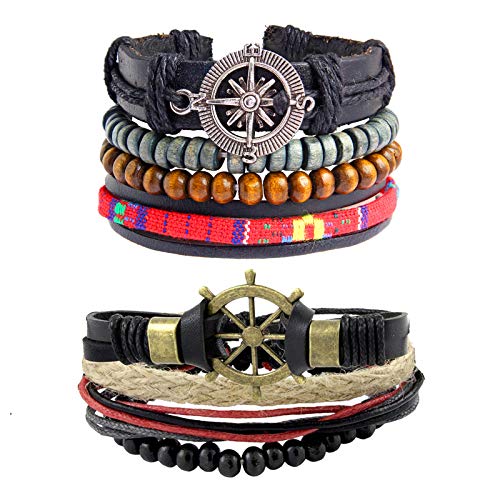 Image of ZIVOM Leather Handcrafted Wood Tibetan Vintage Thread Stackable Multi-strand Wrist Band Bracelet Combo Pack Of 2 Boys Men's