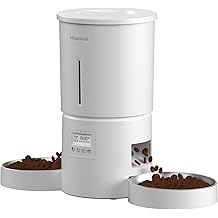 Automatic Cat Feeder for 2 Cats,6 Meals/Day,12 Portions/Meal,Dual Power Double Bowls,Dry Pet Food Autofeeder,10S Voice Record,Flexible Programmable Schedule Timer(White,Stainless Dual Bowls)
