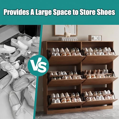 Image of Xixini Shoe Storage Cabinet for Entryway with 6 Flip Drawers, Sturdy Wood Hidden Shoe Storage, Freestanding Narrow Slim Shoe Organizer for Front Door Entrance, Living Room, Hallway, Bedroom, Walnut