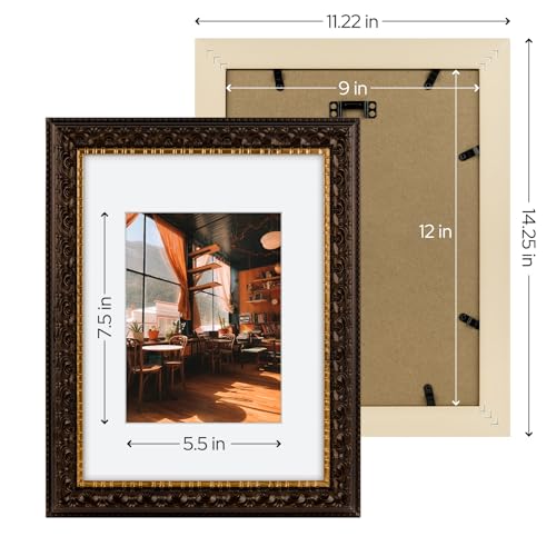 Image of Golden State Art, 9X12 Ornate Finish Photo Frame With White Mat for 6X8 Picture & Real Glass, Color: Dark Brown With Gold