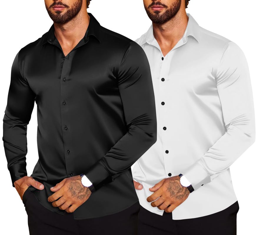 Image of Combo of Men's Premium Satin Cotton Shirt with Full Sleeves & Spread Collar | Smooth Finish | Slim Fit | Stylish Button Down Shirt for Evening, Casual Pack of 2