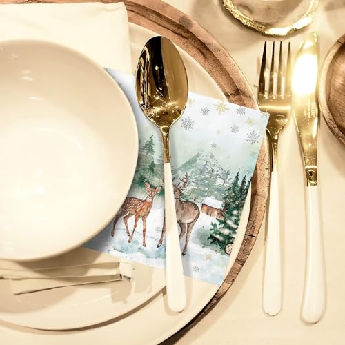 Quera 50 Pack Christmas Paper Napkins 6.5'' x 6.5'' Winter Watercolor Pine Forest Elk Paper Snowflake Dinner Napkin Xmas Party Supplies Reindeer Disposable Napkin for Holiday Party Dinner – Image 8