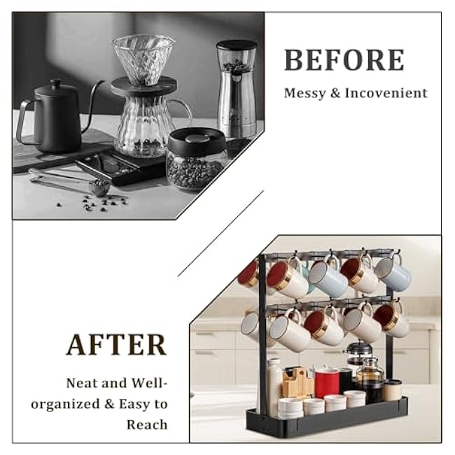 Coffee Mug Holder with 16 Movable Hooks, Metal Coffee Cup Holder for Countertop, 2 Tier Mug Rack with Storage Shelf for Kitchen Office Coffee Mug Rack